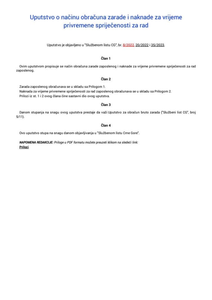 Uputstvo o načinu obračuna zarade i naknade za vrijeme privremene spriječenosti za rad