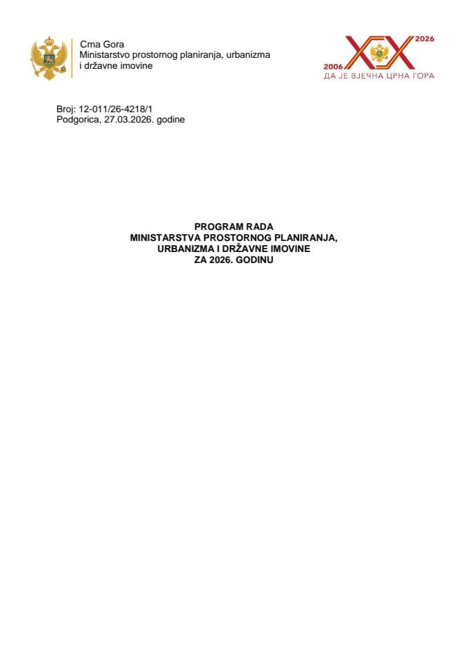 Plan rada Ministarstva prostornog planiranja, urbanizma i državne imovine za 2026