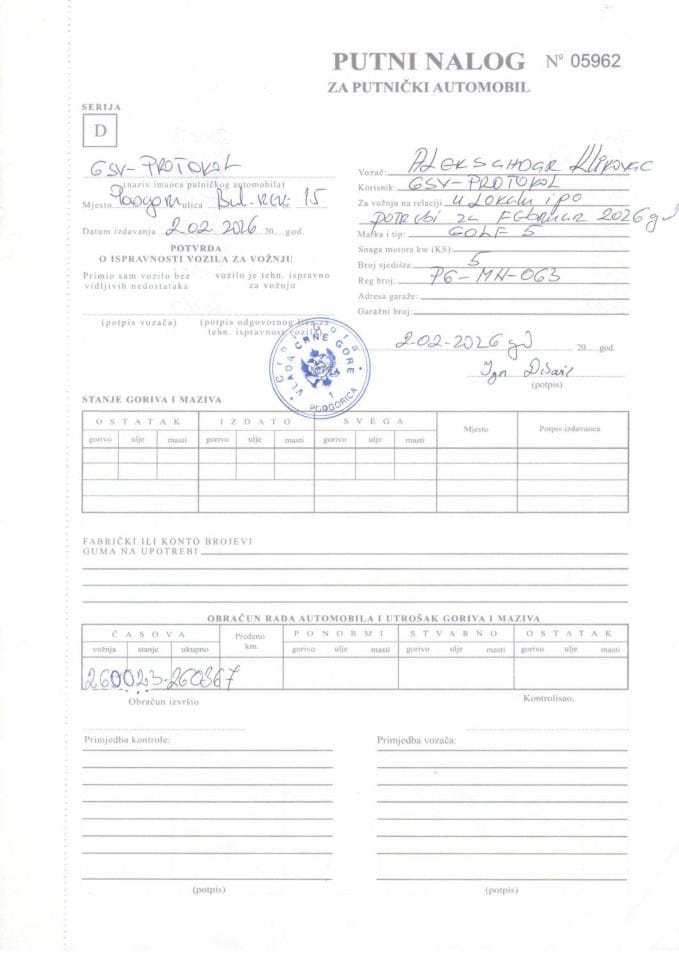 Putni nalozi za korišćenje službenih vozila u periodu od 01.02. do 28.02.2026. godine