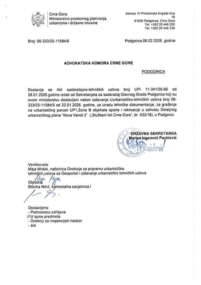 Izdati urbanističko-tehnički uslovi - 06-333-25-11584-6 ADVOKATSKA KOMORA CRNE GORE PODGORICA