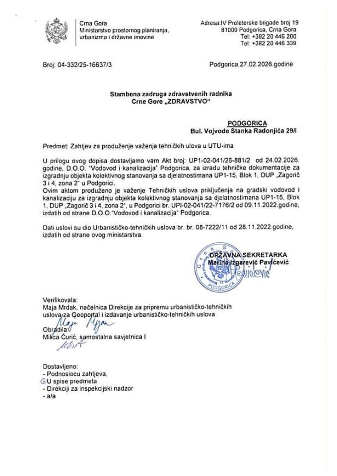 Izdati urbanističko-tehnički uslovi - 04-332-25-16637-3 STAMBENA ZADRUGA RADNIIKA CRNE GORE ZDRAVSTVO PODGORICA