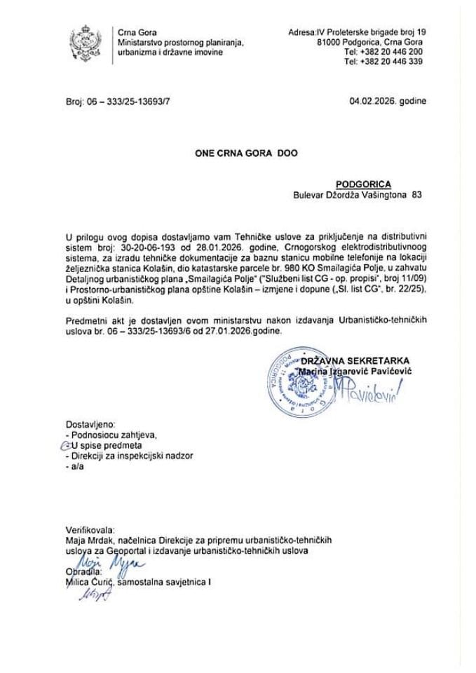 Izdati urbanističko-tehnički uslovi - 06-333-25-13693-7 ONE CRNA GORA DOO PODGORICA