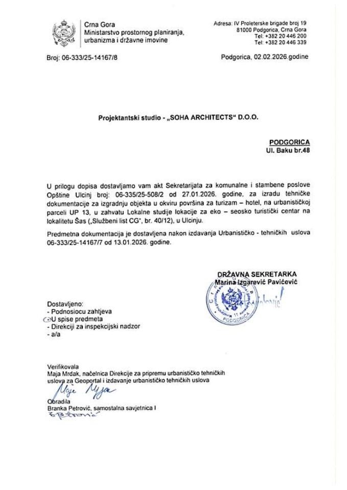 Izdati urbanističko-tehnički uslovi - 06-333-25-14167-8 PROJEKTANTSKI STUDIO - SOHA ARCHITECTS D.O.O. PODGORICA