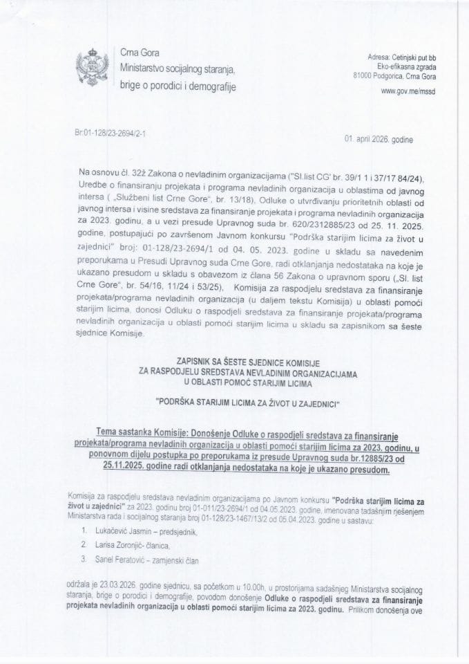 ODLUKA O RASPODJELI SREDSTAVA U OBLASTI POMOĆI STARIJIM LICIMA IZ 2023.
