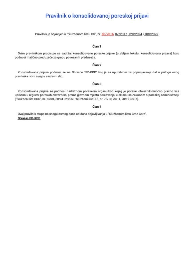 Pravilnik o konsolidovanoj poreskoj prijavi