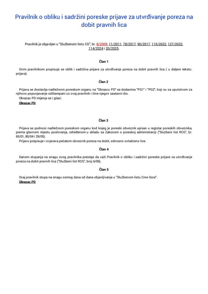 Pravilnik o obliku i sadržini poreske prijave za utvrđivanje poreza na dobit pravnih lica