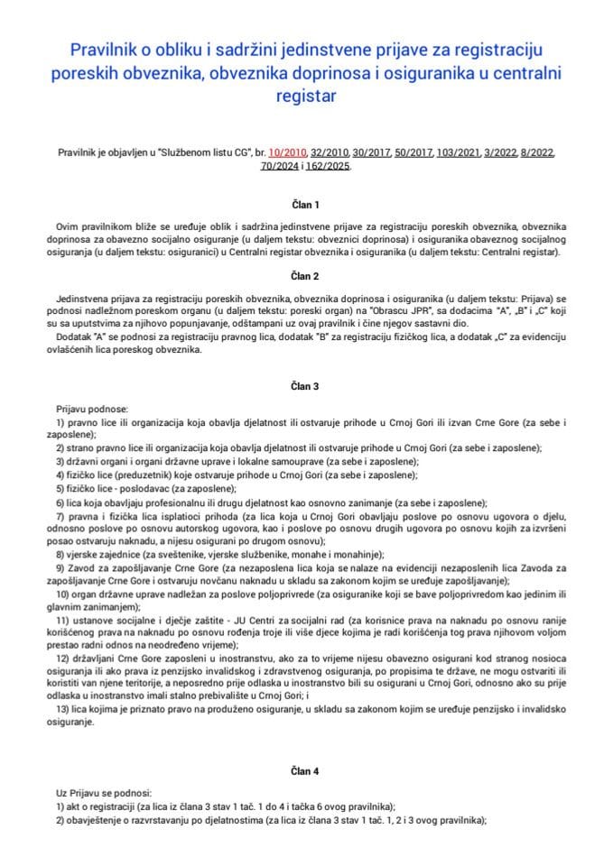 Pravilnik o obliku i sadržini jedinstvene prijave za registraciju poreskih obveznika, obveznika doprinosa i osiguranika u centralni registar