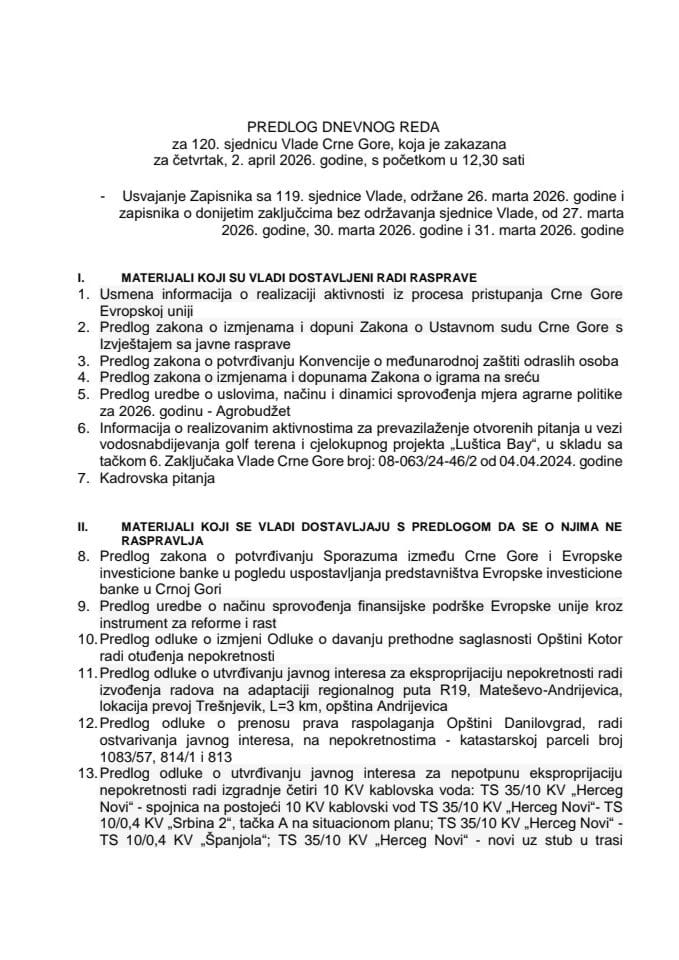 Predlog dnevnog reda za 120. sjednicu Vlade Crne Gore