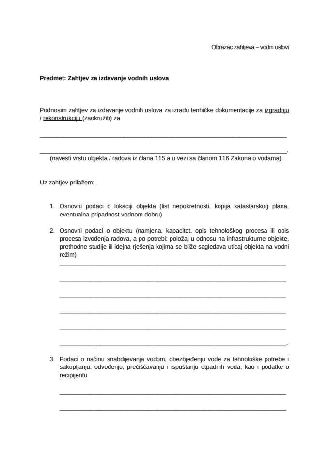 Obrazac zahtjeva za izdavanje vodnih uslova