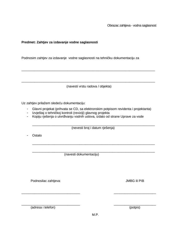 Obrazac zahtjeva za izdavanje vodne saglasnosti