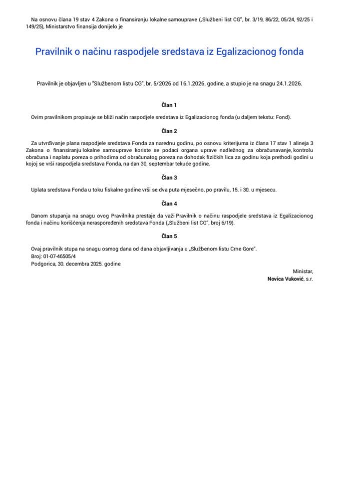 Pravilnik o načinu raspodjele sredstava iz Egalizacionog fonda
