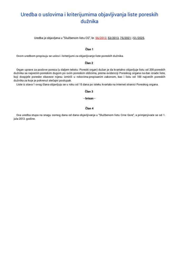 Uredba o uslovima i kriterijumima objavljivanja liste poreskih dužnika