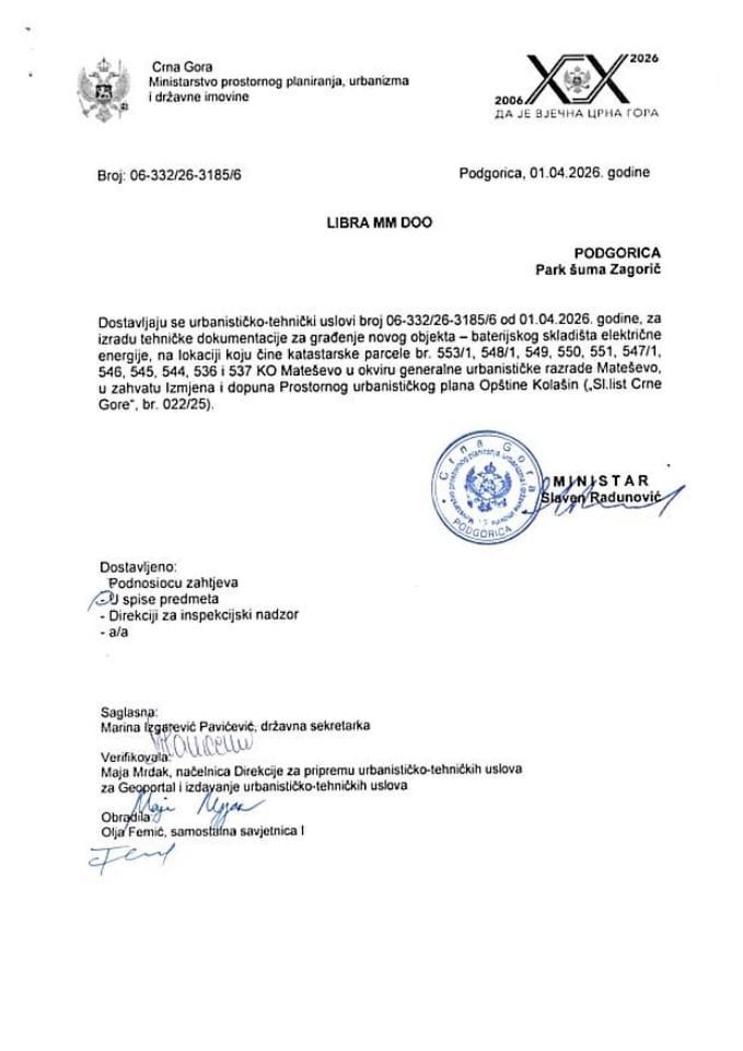 Izdati urbanističko-tehnički uslovi - 06-332-26-3185-6 LIBRA MM DOO PODGORICA