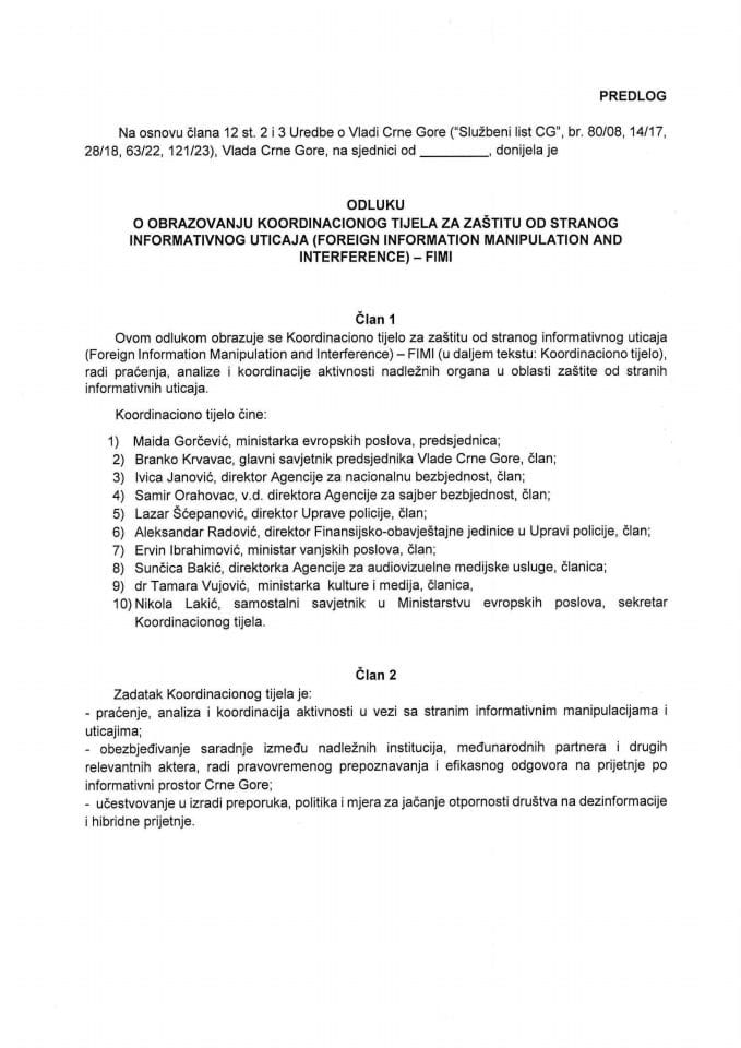 Predlog odluke o obrazovanju Koordinacionog tijela za zaštitu od stranog informativnog uticaja (Foreign Information Manipulation and Interference) – FIMI