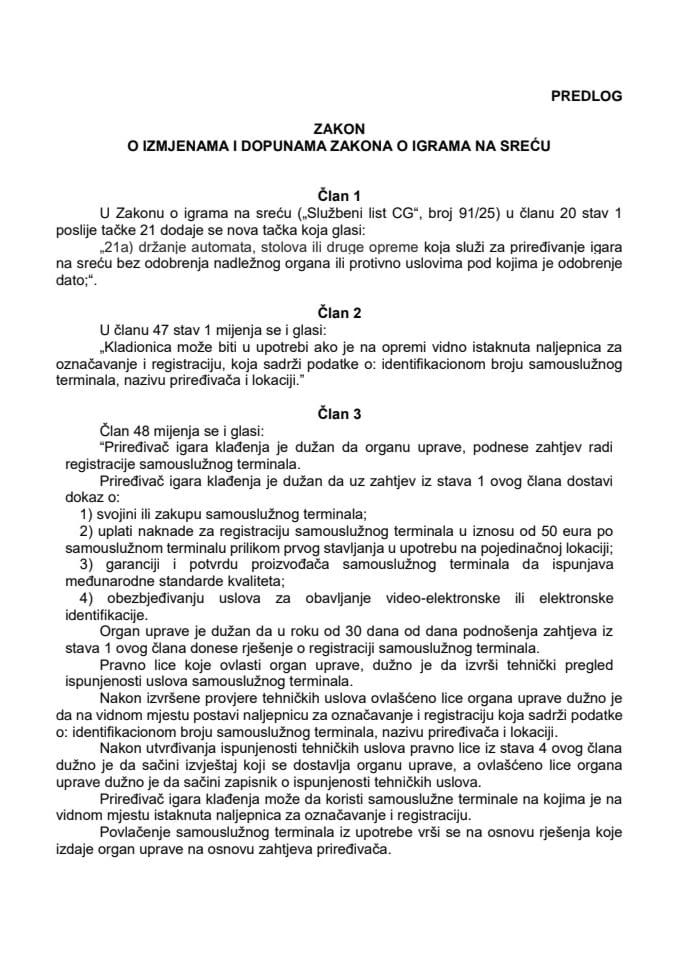 Predlog zakona o izmjenama i dopunama Zakona o igrama na sreću