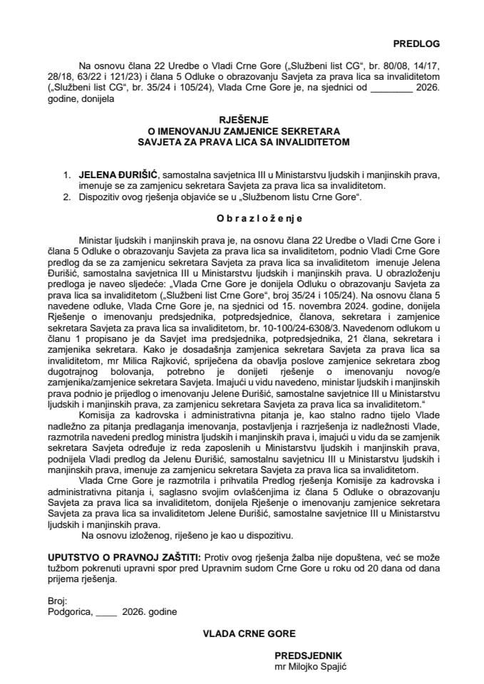 Predlog za imenovanje zamjenice sekretara Savjeta za prava lica sa invaliditetom