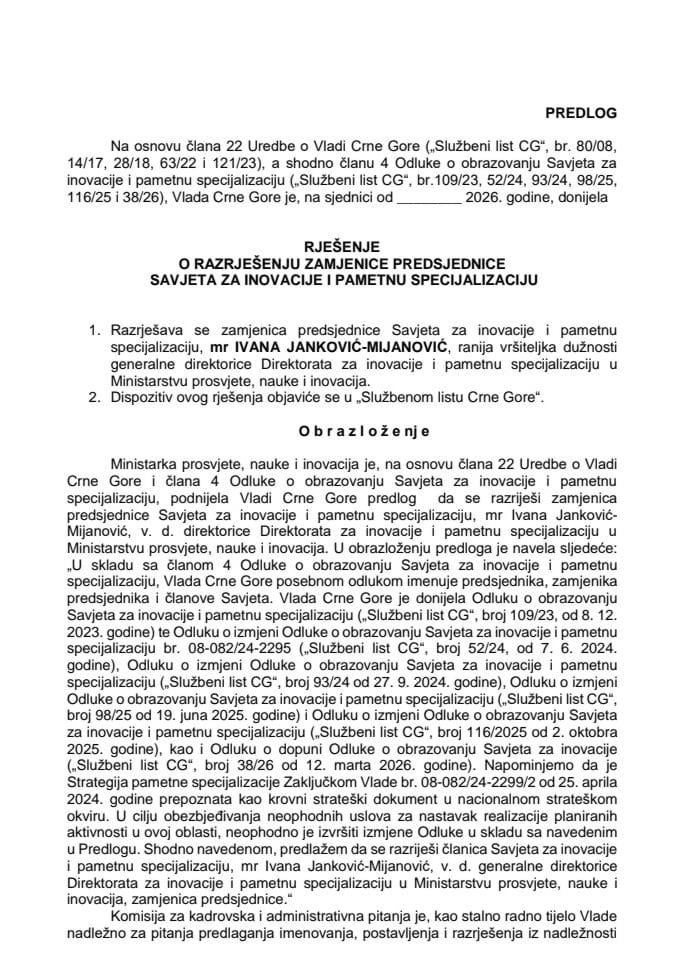 Predlog za razrješenje zamjenice predsjednice Savjeta za inovacije i pametnu specijalizaciju