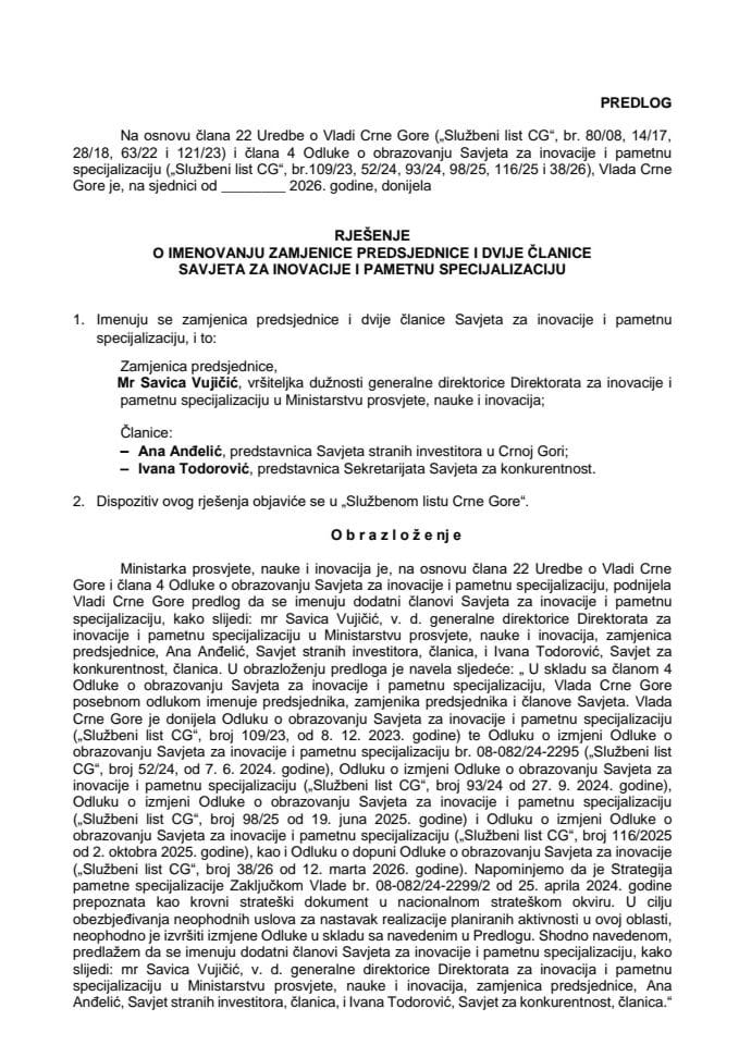 Predlog za imenovanje zamjenice predsjednice i dvije članice Savjeta za inovacije i pametnu specijalizaciju