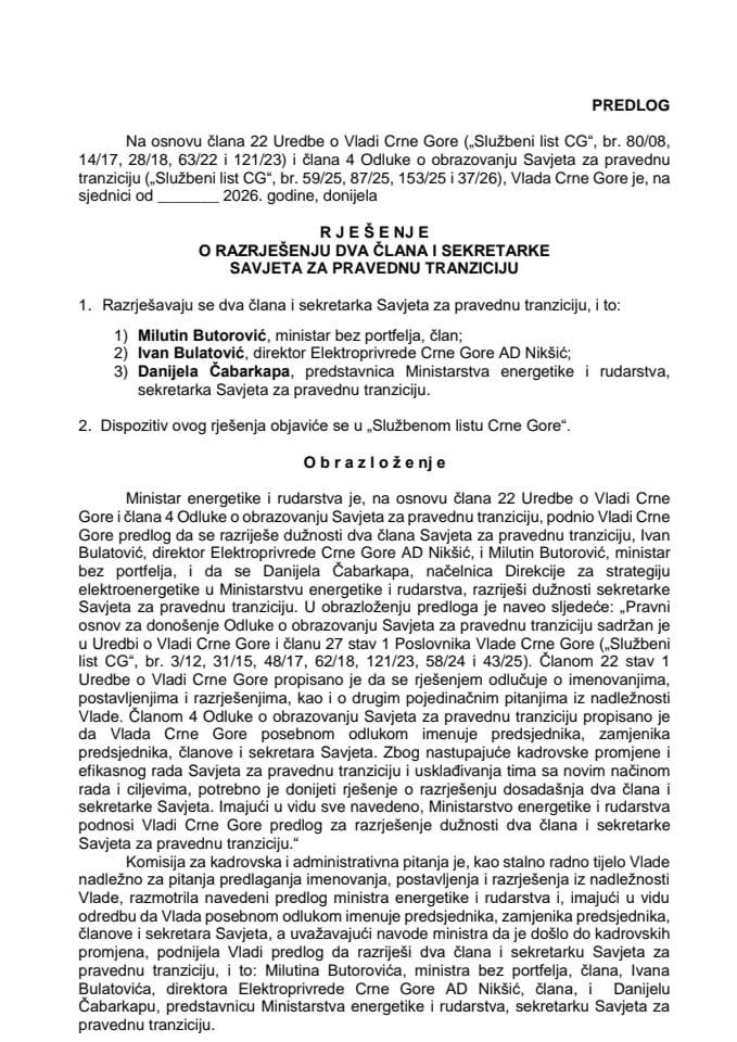 Predlog za razrješenje dva člana i sekretarke Savjeta za pravednu tranziciju