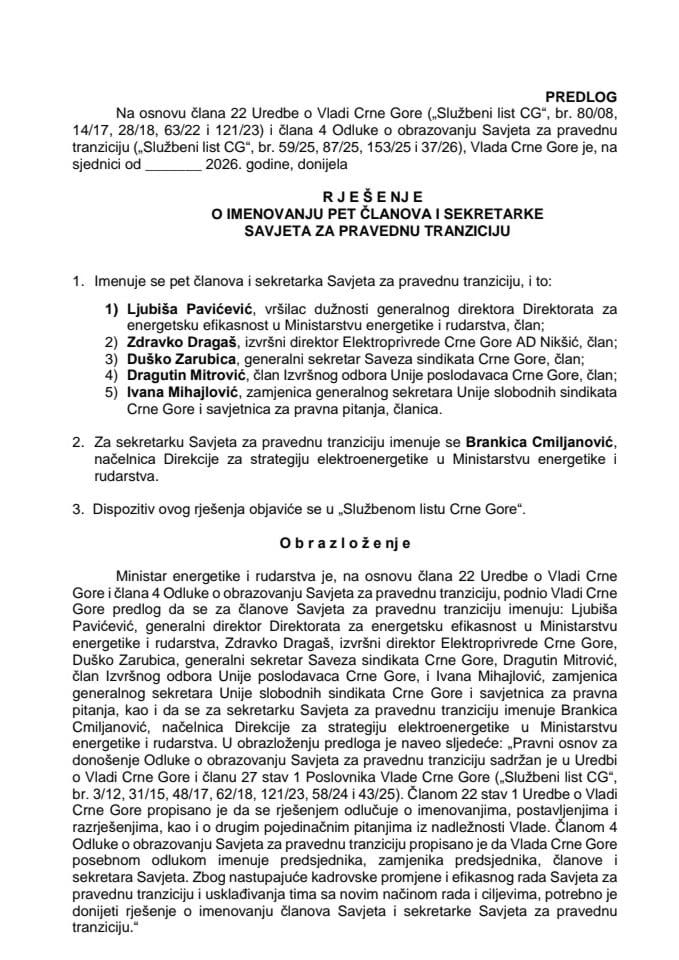 Predlog za imenovanje pet članova i sekretarke Savjeta za pravednu tranziciju