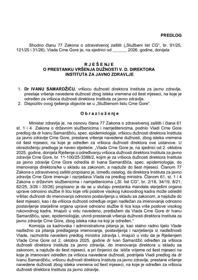 Predlog za prestanak vršenja dužnosti v. d. direktora Instituta za javno zdravlje