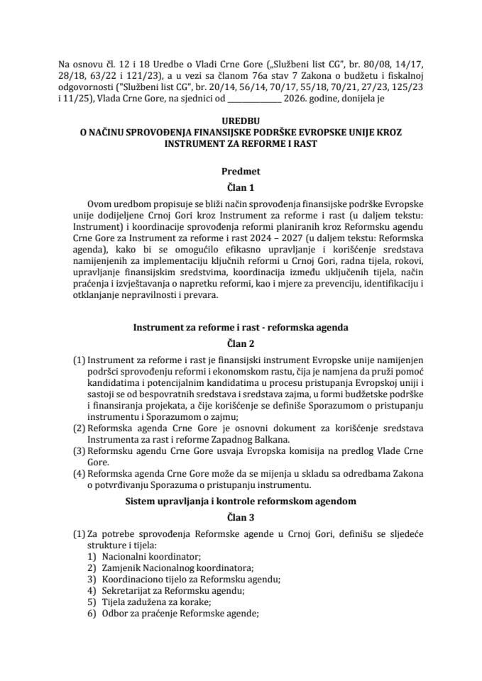 Predlog uredbe o načinu sprovođenja finansijske podrške Evropske unije kroz instrument za reforme i rast