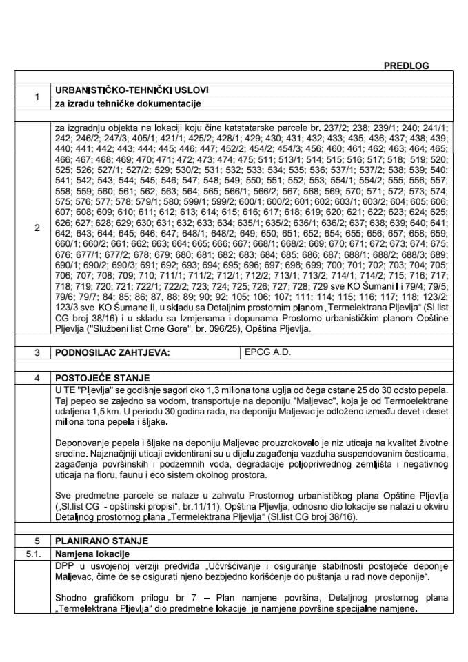 Predlog urbanističko-tehničkih uslova za izradu tehničke dokumentacije za izgradnju objekta na lokaciji koju čine katastarske parcele KO Šumane I