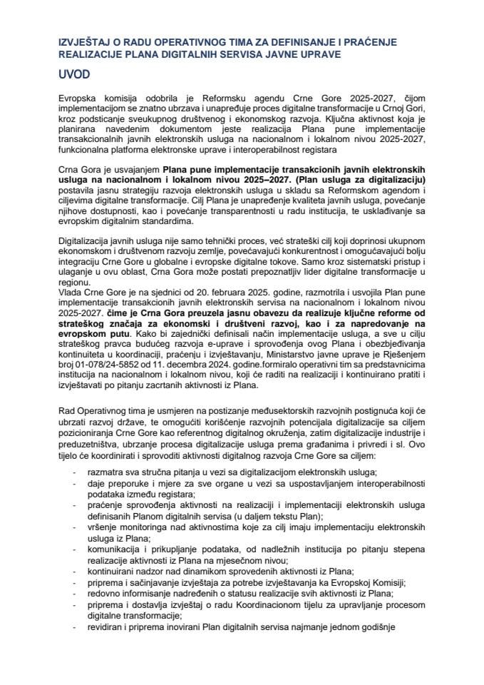 Izvještaj o radu Operativnog tima za definisanje i praćenje realizacije plana digitalnih servisa javne uprave
