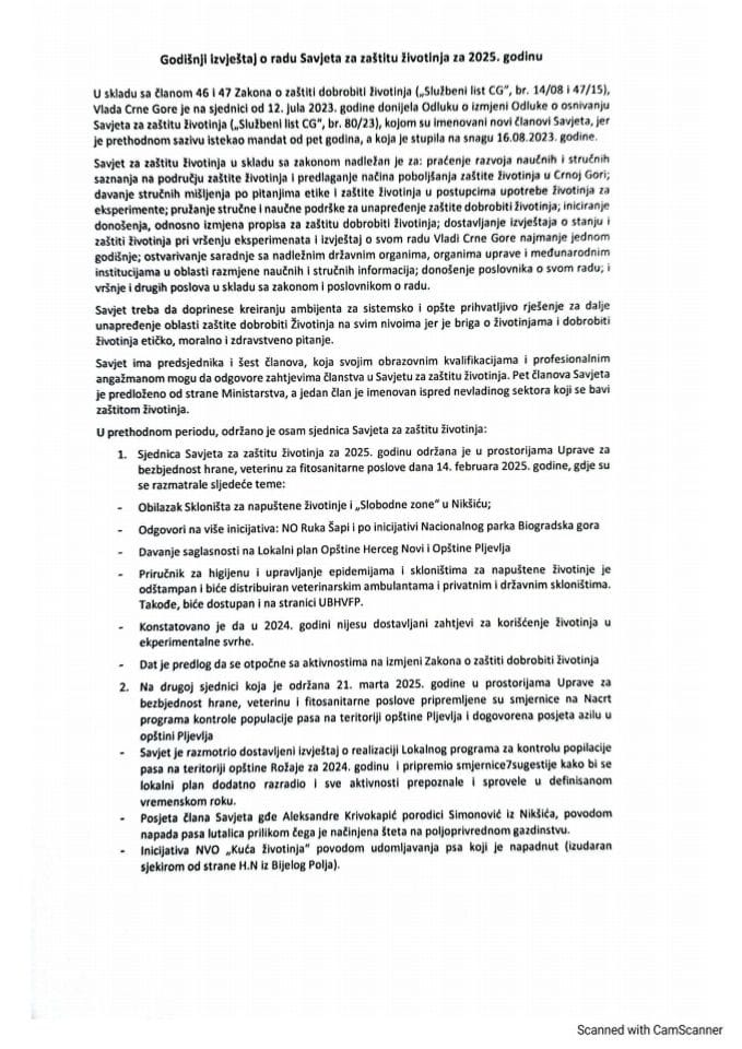Godišnji izvještaj o radu Savjeta za zaštitu životinja za 2025. godinu