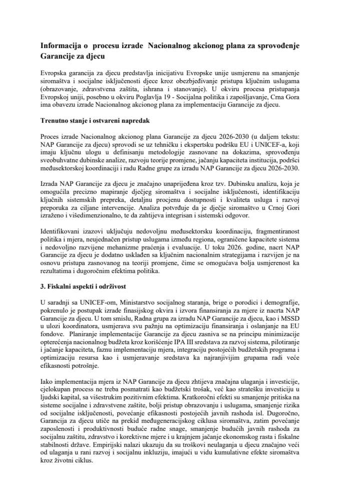 Informacija o procesu izrade Nacionalnog akcionog plana za sprovođenje Garancije za djecu