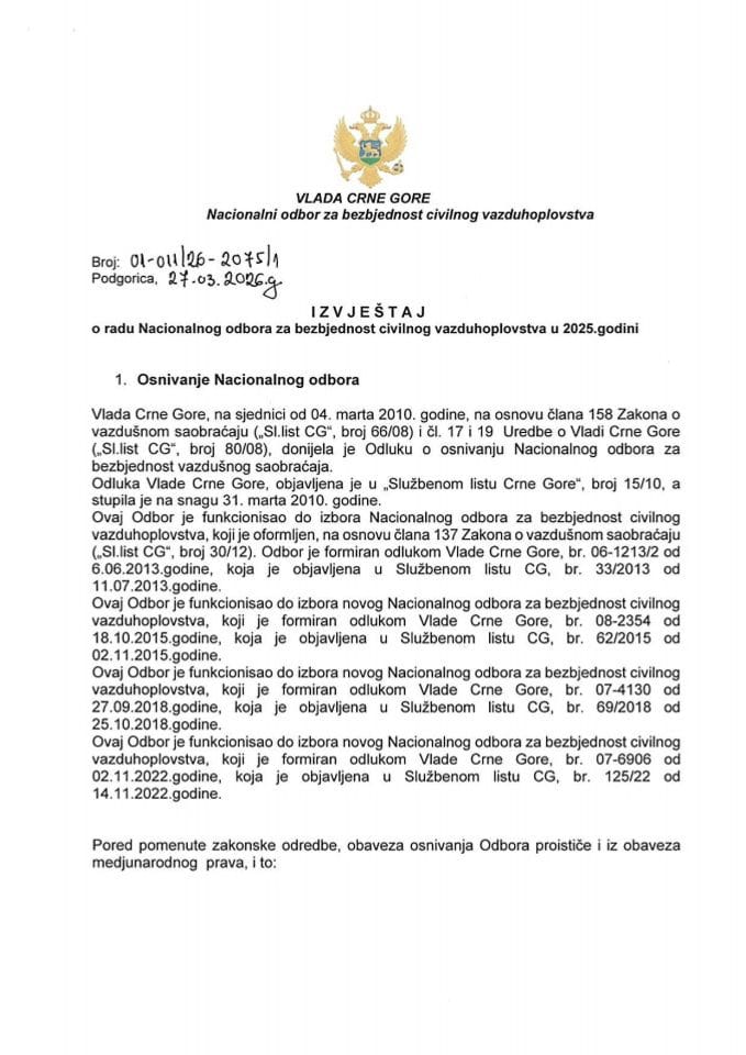 Izvještaj o radu Nacionalnog odbora za bezbjednost civilnog vazduhoplovstva u 2025. godini