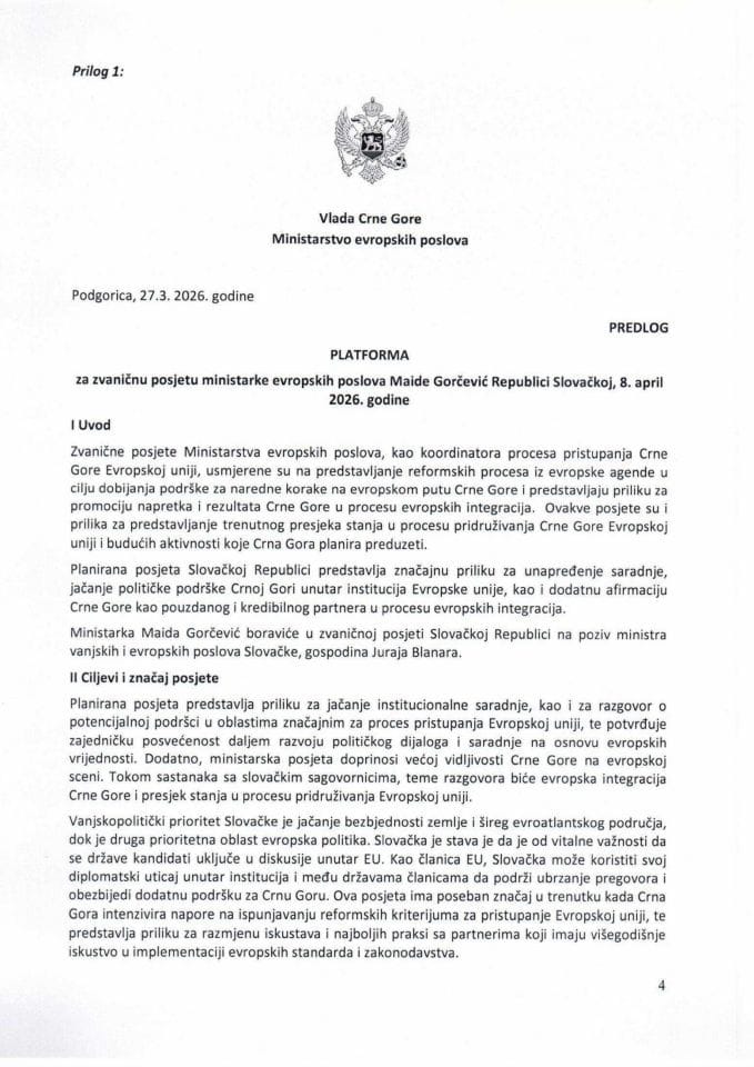 Predlog platforme za zvaničnu posjetu ministarke evropskih poslova Maide Gorčević Republici Slovačkoj, 8. april 2026. godine
