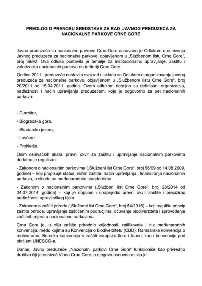 Informacija o prenosu sredstava za rad Javnom preduzeću za nacionalne parkove Crne Gore s Predlogom ugovora