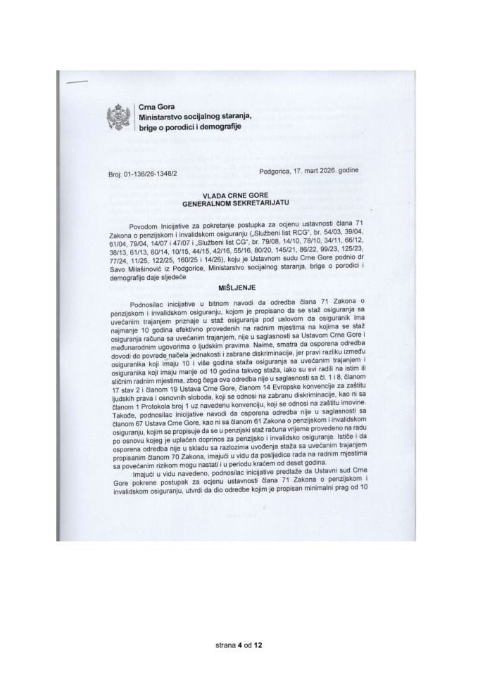 Predlog mišljenja na Inicijativu za pokretanje postupka za ocjenu ustavnosti odredbe člana 71 Zakona o penzijskom i invalidskom osiguranju, koju je podnio dr Savo Milašinović, iz Podgorice