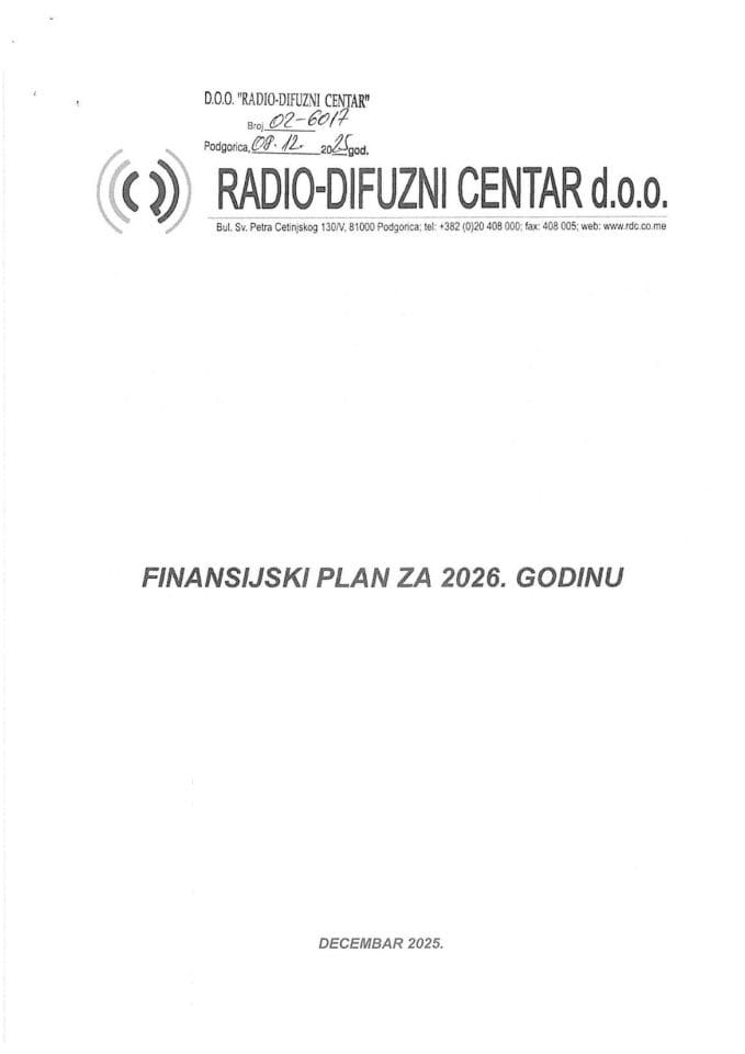 Predlog finansijskog plana „Radio-difuznog centra“ d.o.o. za 2026. godinu