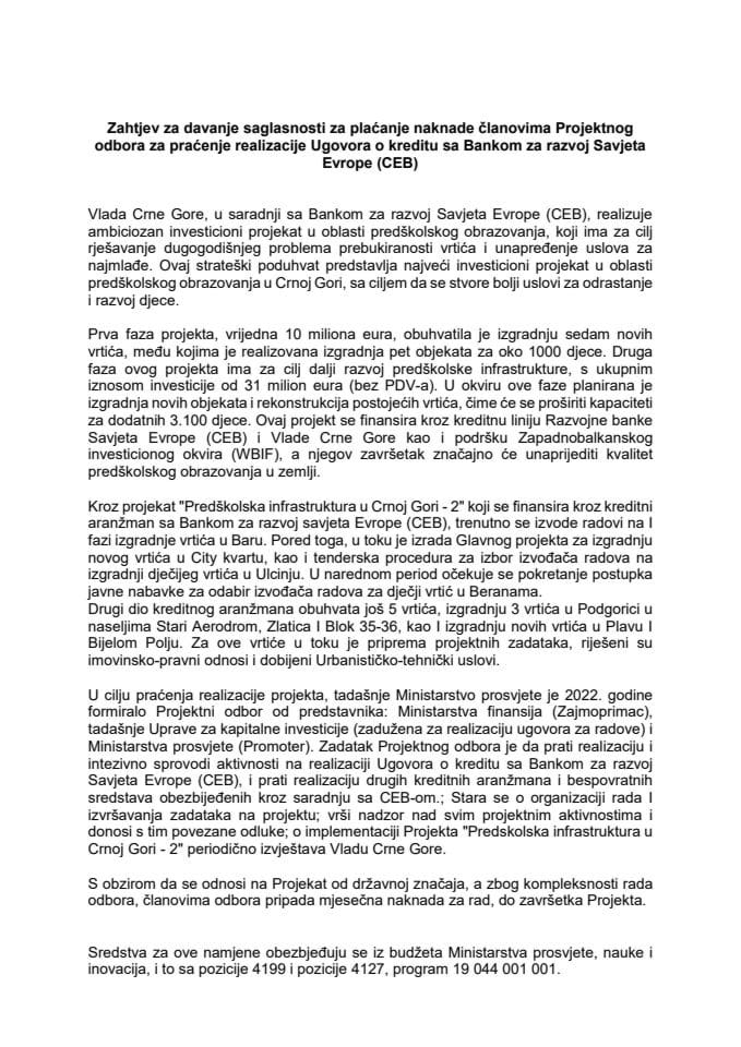 Zahtjev za davanje saglasnosti za plaćanje naknade članovima Projektnog odbora za praćenje realizacije Ugovora o kreditu sa Bankom za razvoj Savjeta Evrope (CEB)