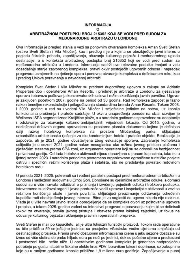 Informacija o arbitražnom postupku broj 215352 koji se vodi pred sudom za međunarodnu arbitražu u Londonu