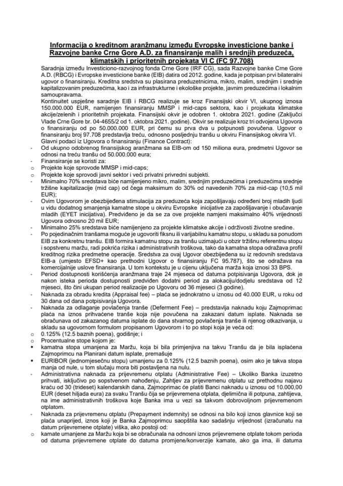 Informacija o kreditnom aranžmanu između Evropske investicione banke i Razvojne banke Crne Gore A.D. za finansiranje malih i srednjih preduzeća, klimatskih i prioritetnih projekata VI C (FC 97.708) s Predlogom ugovora