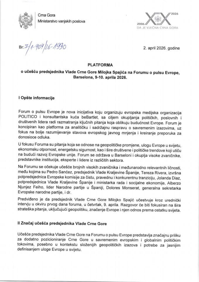 Predlog platforme o učešću predsjednika Vlade Crne Gore Milojka Spajića na Forumu o pulsu Evrope, Barselona, 9-10. aprila 2026. godine