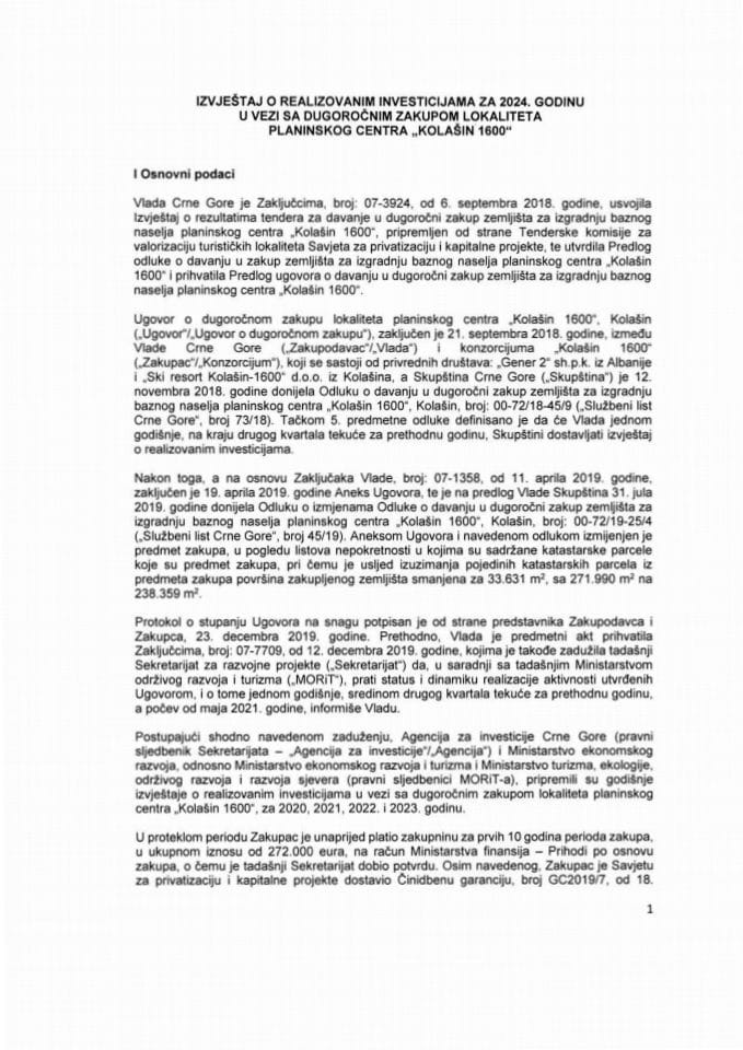 Izvještaj o realizovanim investicijama za 2024. godinu u vezi sa dugoročnim zakupom lokaliteta planinskog centra „Kolašin 1600“