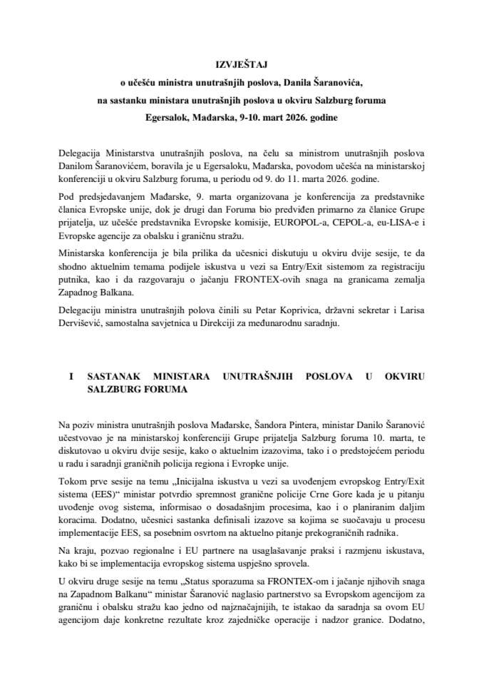 Izvještaj o učešću ministra unutrašnjih poslova, Danila Šaranovića, na sastanku ministara unutrašnjih poslova u okviru Salzburg foruma, Egersalok, Mađarska, 9-10. mart 2026. godine