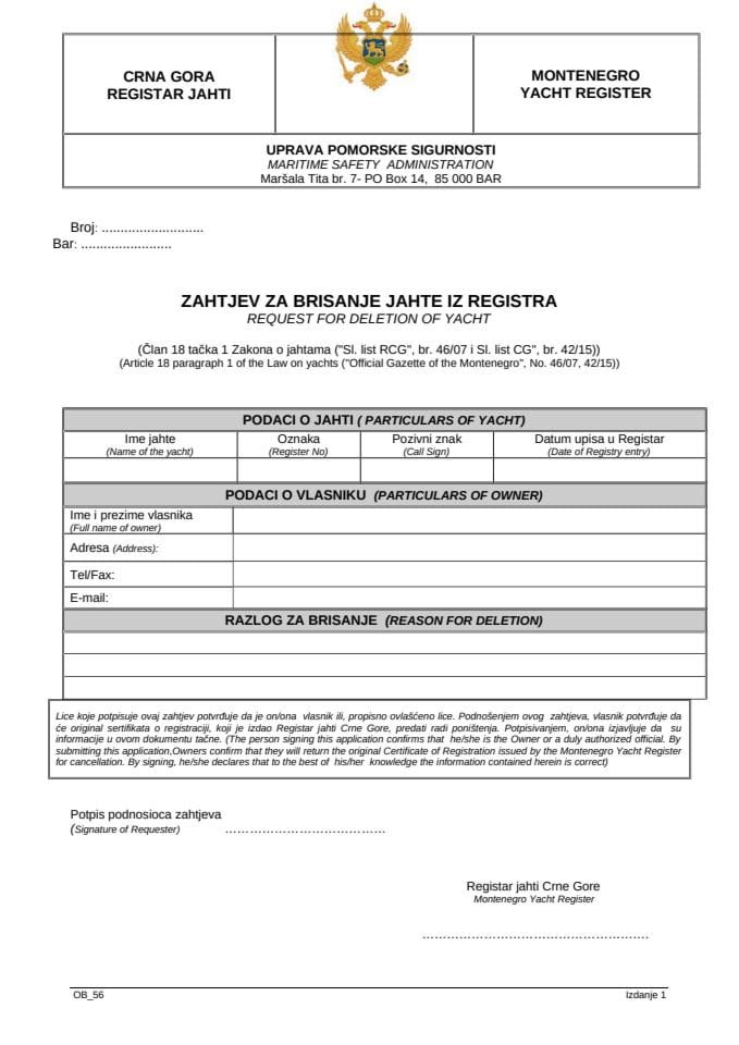 Zahtjev za brisanje jahte iz Registra