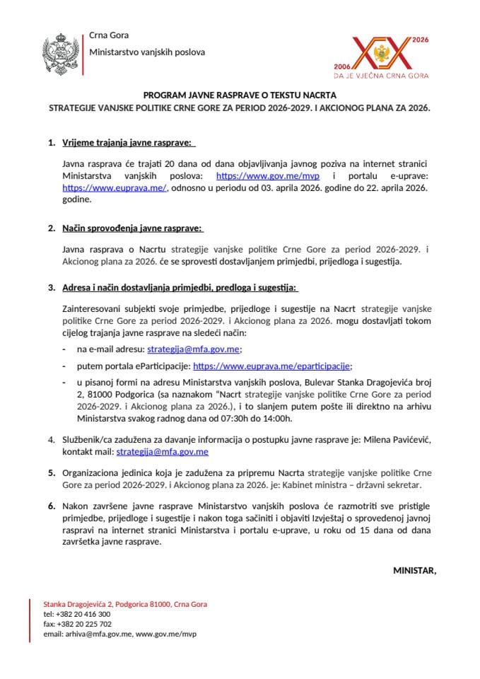 Program javne rasprave o tekstu Nacrta strategije vanjske politike Crne Gore 2026 - 2029