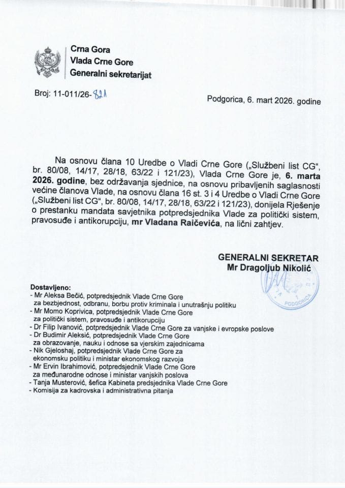 Kadrovska pitanja - 06. mart 2026. godine - Zaključci