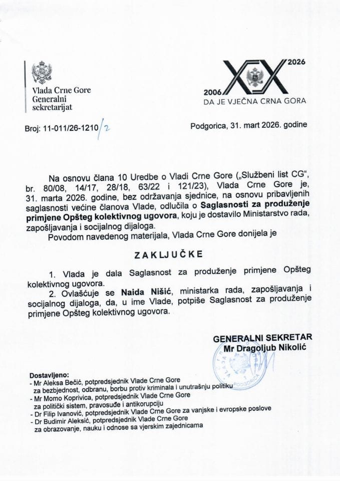 Saglasnost za produženje primjene Opšteg kolektivnog ugovora - Zaključci