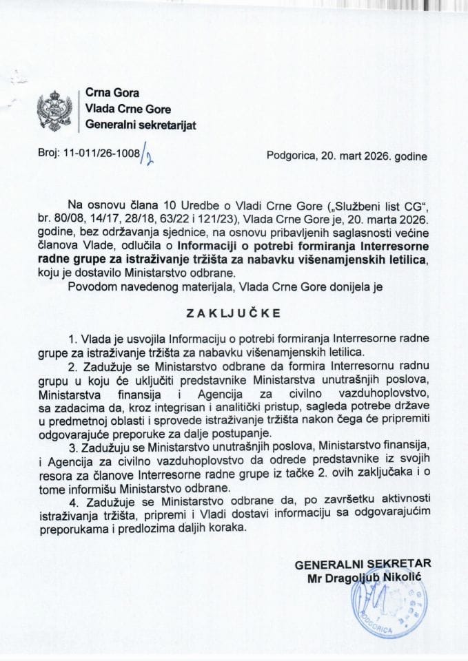 Informacija o potrebi formiranja Interresorne radne grupe za istraživanje tržišta za nabavku višenamjenskih letilica - Zaključci