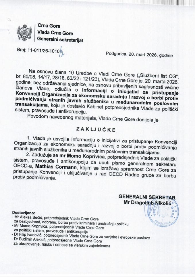 Informacija o inicijativi za pristupanje Konvenciji Organizacija za ekonomsku saradnju i razvoj o borbi protiv podmićivanja stranih javnih službenika u međunarodnim poslovnim transakcijama - Zaključci
