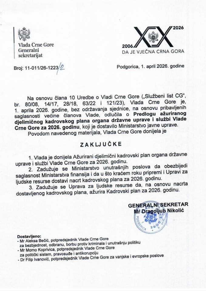 Predlog ažuriranog djelimičnog Kadrovskog plana za organe državne uprave i službe Vlade Crne Gore za 2026. godinu - Zaključci