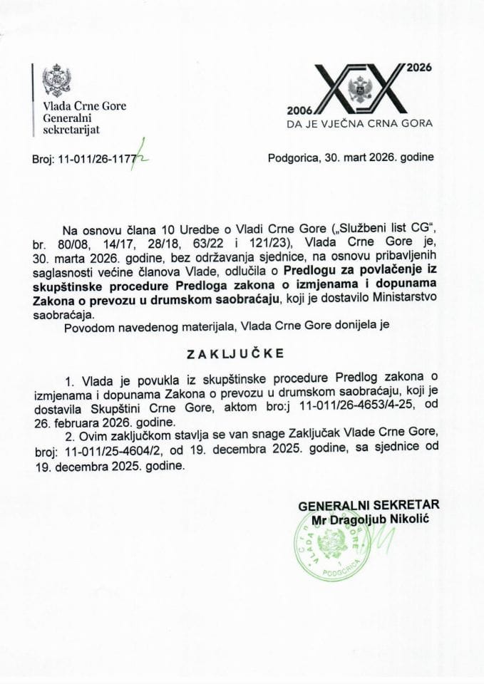 Predlog za povlačenje iz skupštinske procedure Predloga zakona o izmjenama i dopunama Zakona o prevozu u drumskom saobraćaju - Zaključci