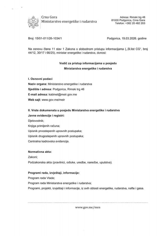 Vodič za pristup informacijama u posjedu Ministarstva energetike i rudarstva